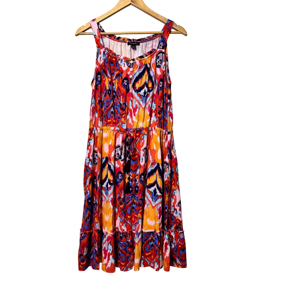 Tribal Womens Ikat Paisley Midi Dress Orange Blue Sleeveless Tassel Pocket M